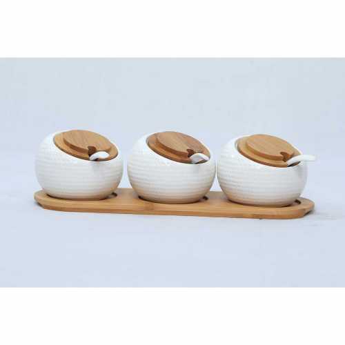 NERO  CERAMIC-Condiment jar spice container with lids -bamboo cap holder spot, serving spoon