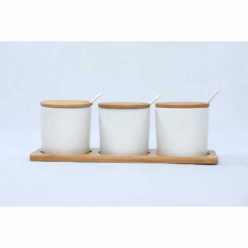NERO  CERAMIC - Minimalist White Condiment jar spice container with lids -bamboo tray, serving spoo