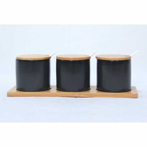 NERO  CERAMIC - Minimalist Black Condiment jar spice container with lids -bamboo tray, serving spoon