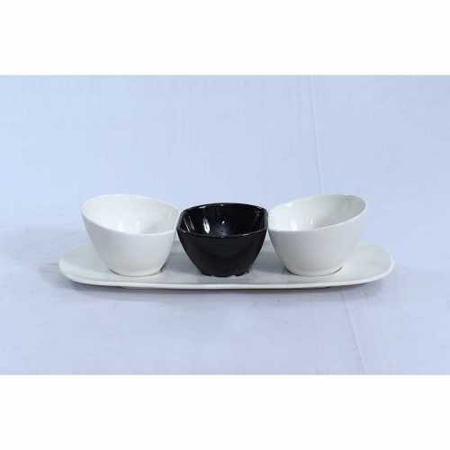 NERO CERAMIC-Condiment server Black & white bowl, set of 3 with ceramic tray