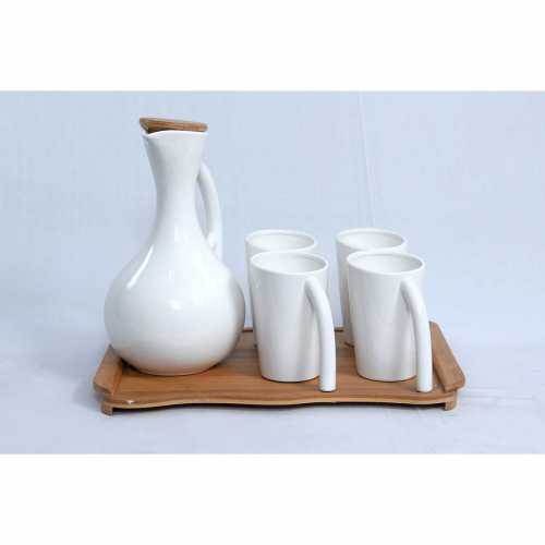 NERO CERAMIC-TALL PITHCHER & 4 MUGS WITH  BAMBOO TRAY