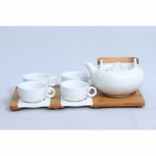 NERO CERAMIC-MANDARIN TEAPOT  & 4 CUPS  & SAUCER WITH BAMBOO TRAY