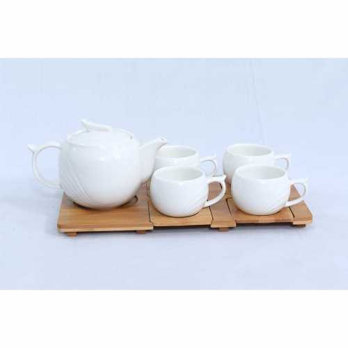 NERO CERAMIC-VIKING TEA POT & 4 CUPS & 4 BAMBOO SAUCER