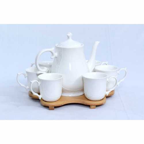 NERO CERAMIC-KOOFI  TALL TEA POT & 6 CUPS WITH BAMBOO TRAY