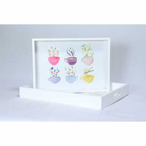 KAYA WOOD-  FLORAL TRAY SET OF 2