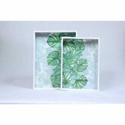 KAYA WOOD-  LEAF ON WHITE TRAY SET OF 2