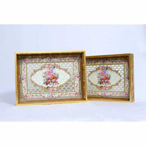 KAYA WOOD-  GOLD AND ROSE TRAY SET OF 2